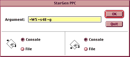 Picture showing
the StarGen's console dialog on Mac OS